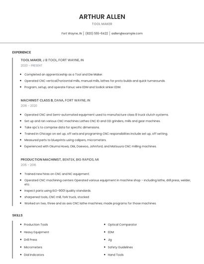 Tool Maker Resume