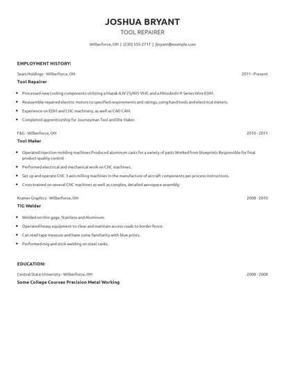 Tool Repairer Resume