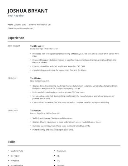 Tool Repairer Resume