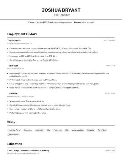 Tool Repairer Resume