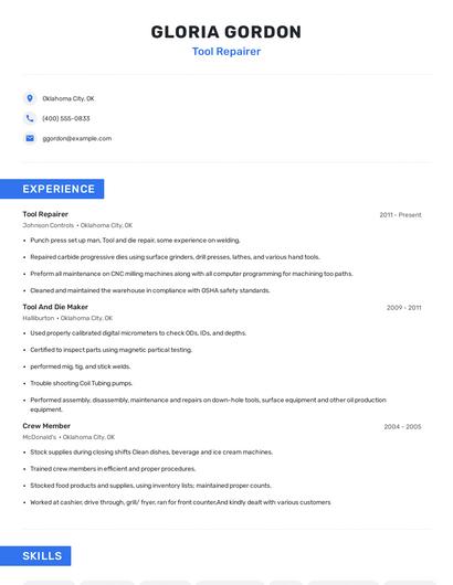 Tool Repairer Resume