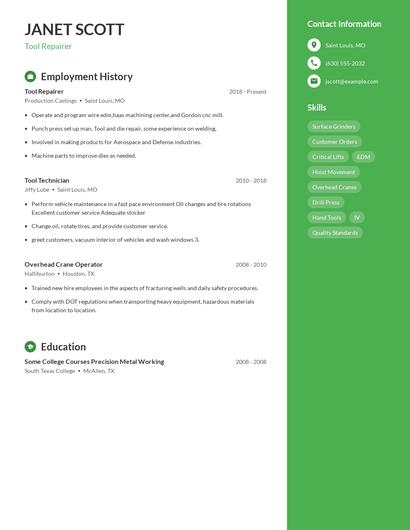 Tool Repairer Resume