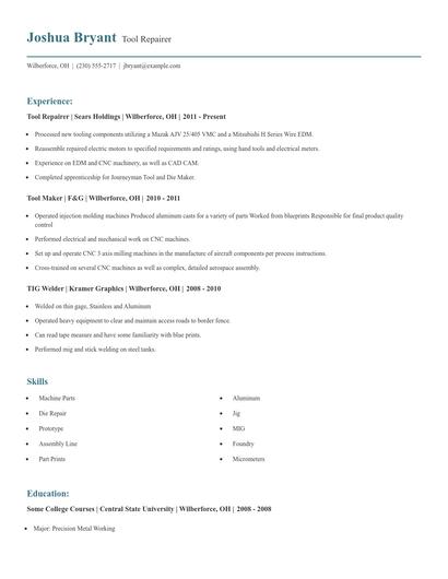 Tool Repairer Resume