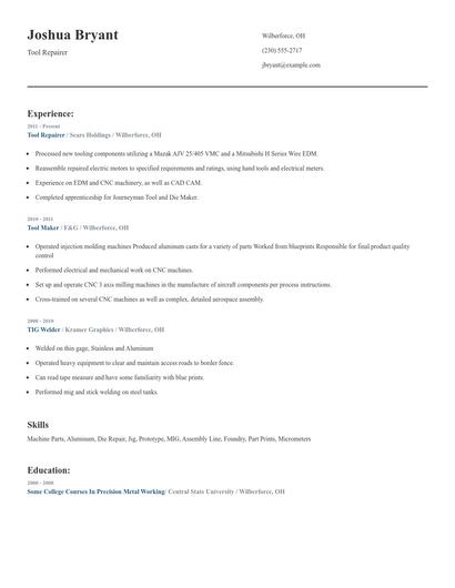 Tool Repairer Resume