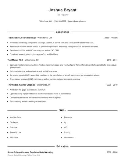 Tool Repairer Resume