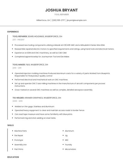 Tool Repairer Resume