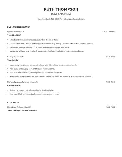 Tool Specialist Resume