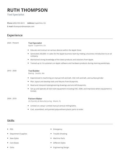 Tool Specialist Resume