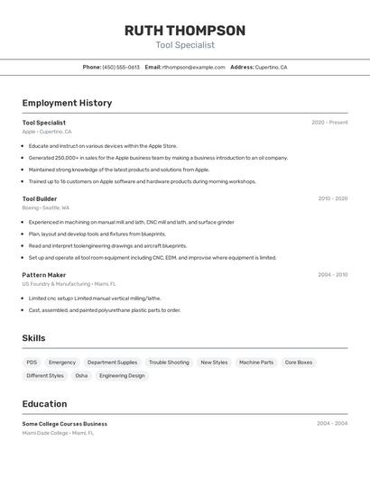 Tool Specialist Resume