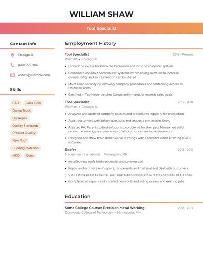 Tool Specialist Resume