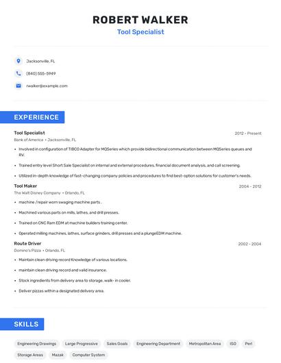 Tool Specialist Resume