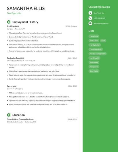 Tool Specialist Resume