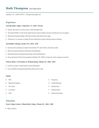 Tool Specialist Resume