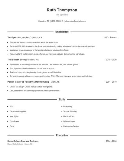Tool Specialist Resume