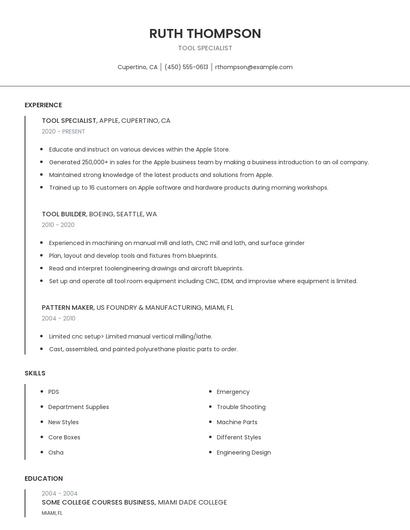 Tool Specialist Resume