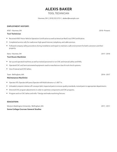 Tool Technician Resume
