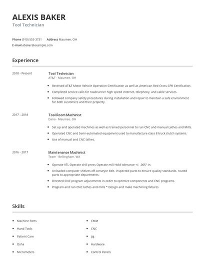 Tool Technician Resume