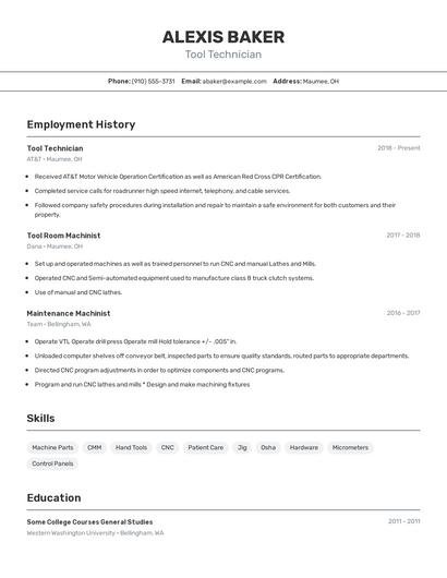 Tool Technician Resume