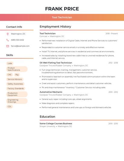 Tool Technician Resume