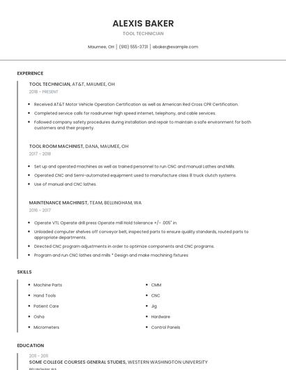 Tool Technician Resume