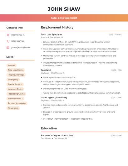 Total Loss Specialist Resume