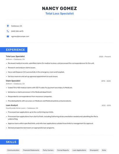 Total Loss Specialist Resume