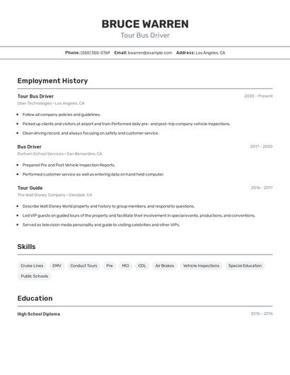 Tour Bus Driver Resume