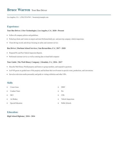 Tour Bus Driver Resume