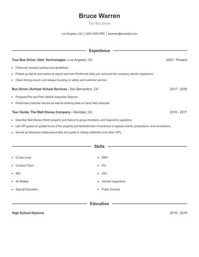 Tour Bus Driver Resume