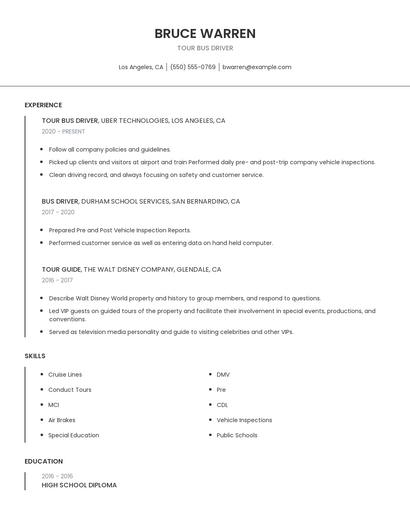 Tour Bus Driver Resume