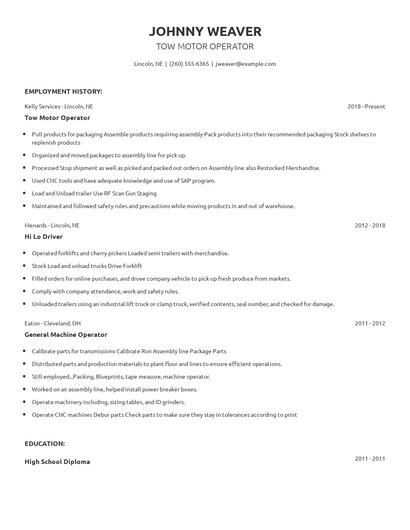 Tow Motor Operator Resume