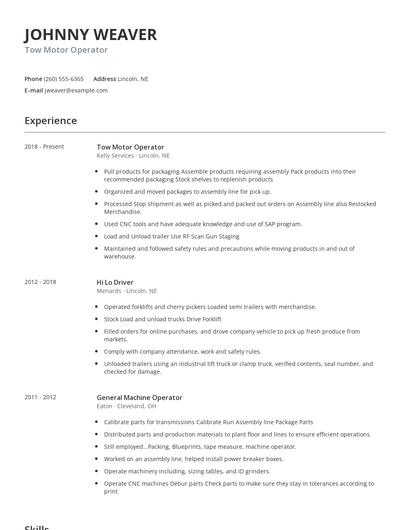 Tow Motor Operator Resume