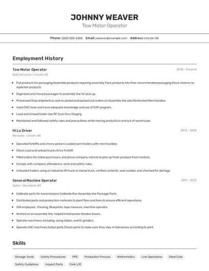 Tow Motor Operator Resume