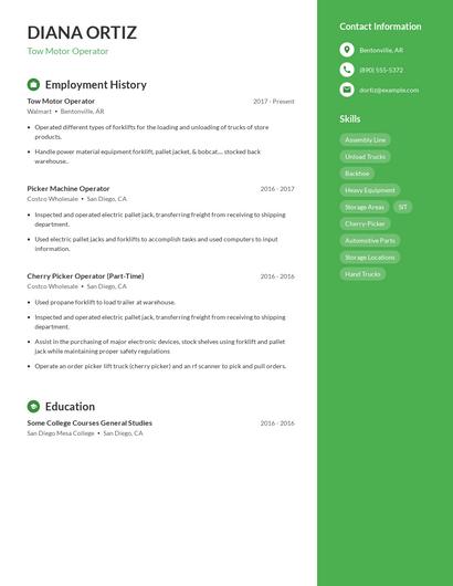Tow Motor Operator Resume