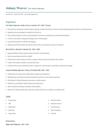 Tow Motor Operator Resume