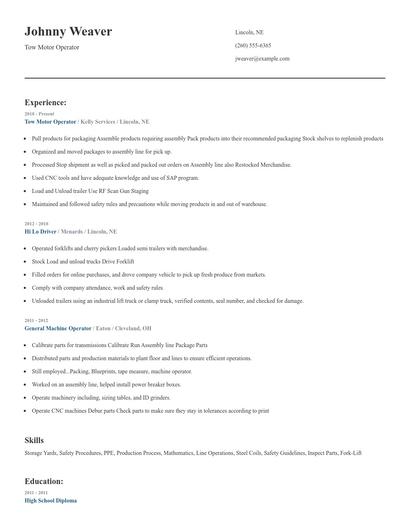Tow Motor Operator Resume