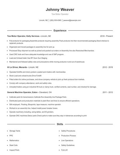 Tow Motor Operator Resume