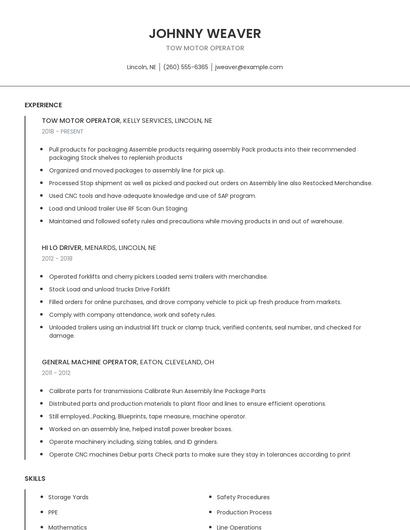 Tow Motor Operator Resume