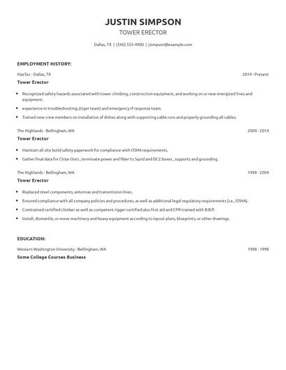 Tower Erector Resume
