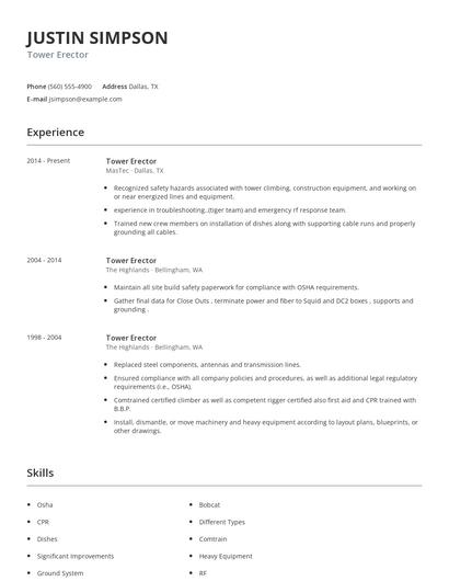 Tower Erector Resume