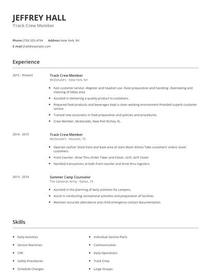 Track Crew Member Resume