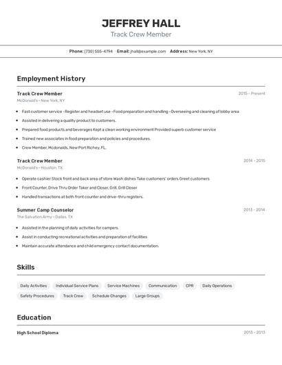 Track Crew Member Resume