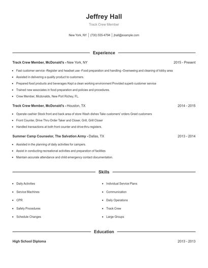 Track Crew Member Resume