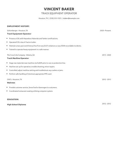 Track Equipment Operator Resume
