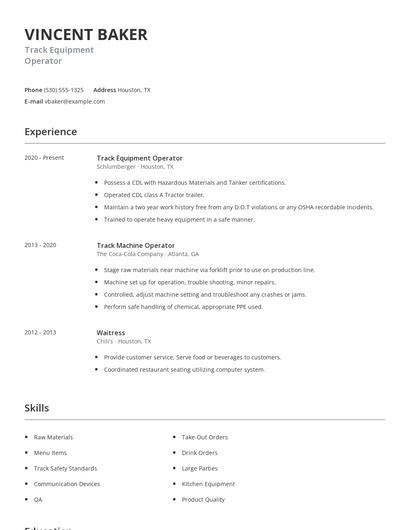 Track Equipment Operator Resume