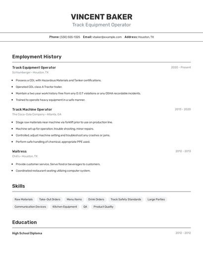 Track Equipment Operator Resume
