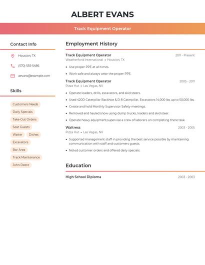 Track Equipment Operator Resume