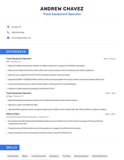 Track Equipment Operator Resume