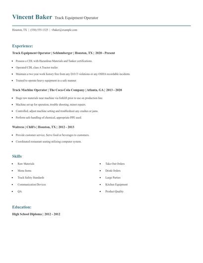 Track Equipment Operator Resume