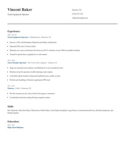 Track Equipment Operator Resume